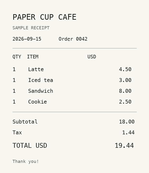 Updated receipt with a $2.50 cookie added and a total of $19.44 USD.