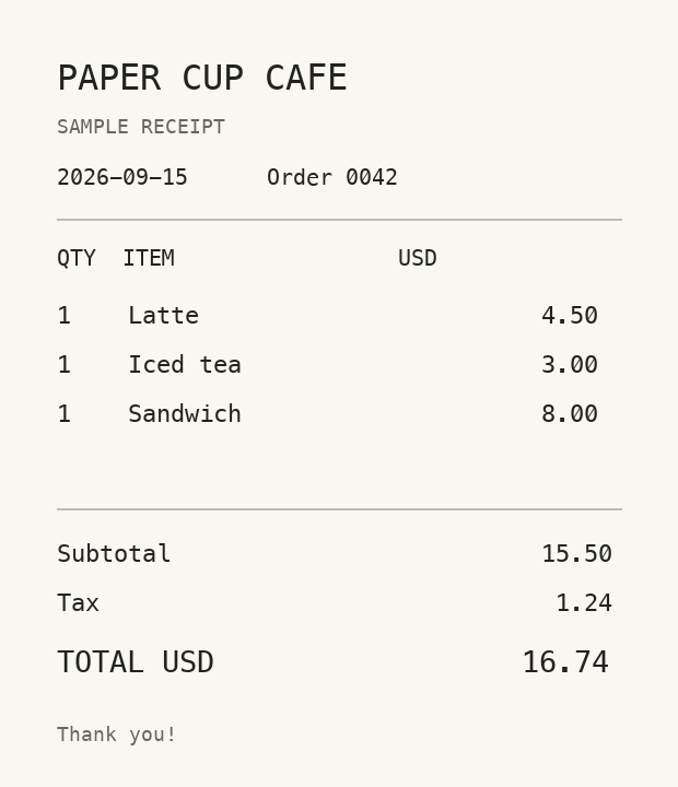 Sample receipt from Paper Cup Cafe: latte $4.50, iced tea $3.00, sandwich $8.00, tax $1.24, total $16.74 USD.